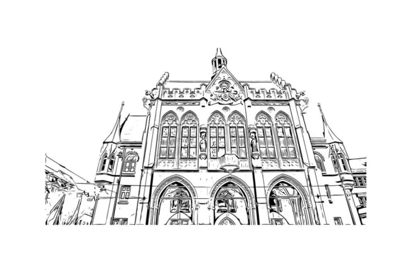 Print Building View Landmark Erfurt Staden Tyskland Handritad Skiss Illustration — Stock vektor