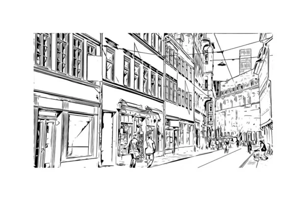 Print Building view with landmark of Erfurt is the city in Germany. Vektörde elle çizilmiş çizim çizimi.