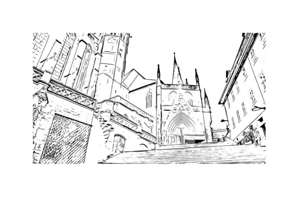 Print Building View Landmark Erfurt Staden Tyskland Handritad Skiss Illustration — Stock vektor