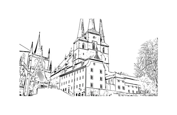 Print Building view with landmark of Erfurt is the city in Germany. Vektörde elle çizilmiş çizim çizimi.