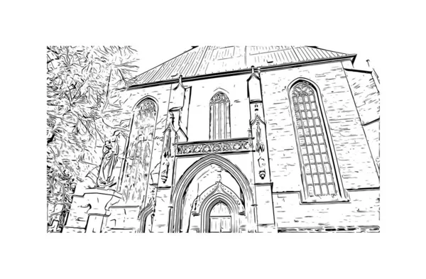 Print Building view with landmark of Erfurt is the city in Germany. Vektörde elle çizilmiş çizim çizimi.