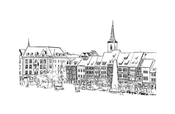 Print Building View Landmark Erfurt Staden Tyskland Handritad Skiss Illustration — Stock vektor