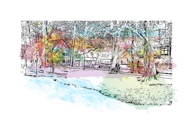 Print Building view, Almanya 'nın Thüringen eyaletinde yer alan bir şehirdir. Vektör içinde el çizimi çizimi eşkali ile suluboya sıçraması.