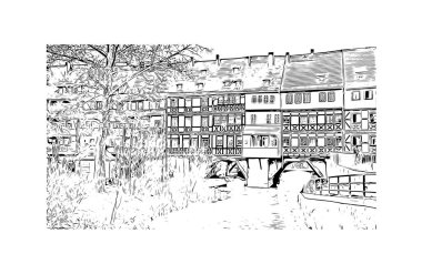 Print Building view, Almanya 'nın Thüringen eyaletinde yer alan bir şehirdir. Vektörde elle çizilmiş çizim çizimi.