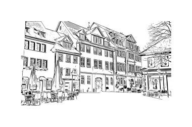 Print Building view, Almanya 'nın Thüringen eyaletinde yer alan bir şehirdir. Vektörde elle çizilmiş çizim çizimi.