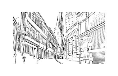 Print Building view, Almanya 'nın Thüringen eyaletinde yer alan bir şehirdir. Vektörde elle çizilmiş çizim çizimi.