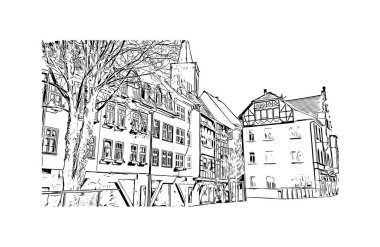 Print Building view, Almanya 'nın Thüringen eyaletinde yer alan bir şehirdir. Vektörde elle çizilmiş çizim çizimi.