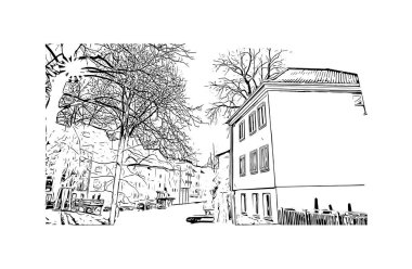 Print Building view, Almanya 'nın Thüringen eyaletinde yer alan bir şehirdir. Vektörde elle çizilmiş çizim çizimi.