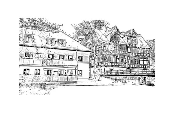 Print Building view, Almanya 'nın Thüringen eyaletinde yer alan bir şehirdir. Vektörde elle çizilmiş çizim çizimi.