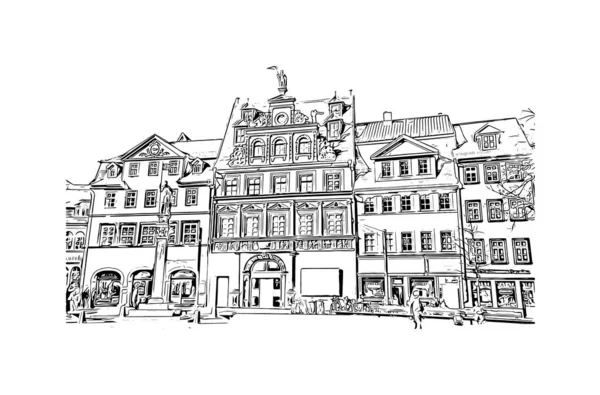 Print Building view, Almanya 'nın Thüringen eyaletinde yer alan bir şehirdir. Vektörde elle çizilmiş çizim çizimi.