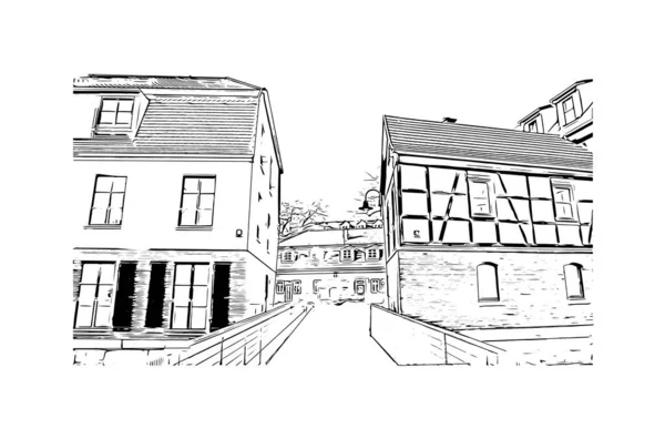 Print Building view, Almanya 'nın Thüringen eyaletinde yer alan bir şehirdir. Vektörde elle çizilmiş çizim çizimi.