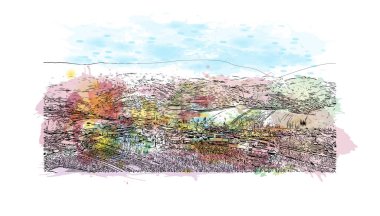 Fengcheng 'in simgesi olan Print Building Manzarası Çin' de bir şehirdir. Vektörde elle çizilmiş resim ile suluboya sıçraması.