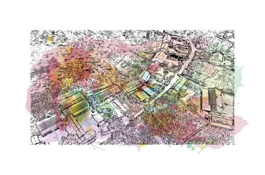 Fengcheng 'in simgesi olan Print Building Manzarası Çin' de bir şehirdir. Vektörde elle çizilmiş resim ile suluboya sıçraması.