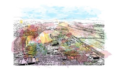 Fengcheng 'in simgesi olan Print Building Manzarası Çin' de bir şehirdir. Vektörde elle çizilmiş resim ile suluboya sıçraması.