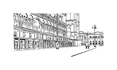 Print Building view with landmark of Ferrara, İtalya 'da bir şehirdir. Vektörde elle çizilmiş çizim çizimi.
