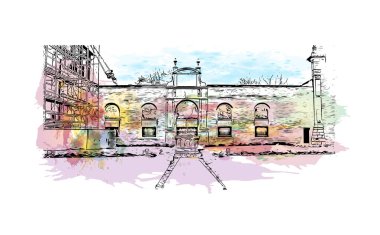 Print Building view with landmark of Ferrara, İtalya 'da bir şehirdir. Vektörde elle çizilmiş resim ile suluboya sıçraması.