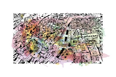 Fes 'in simgesi olan Print Building View Fas' ta bulunmaktadır. Vektör içinde el çizimi çizimi eşkali ile suluboya sıçraması.