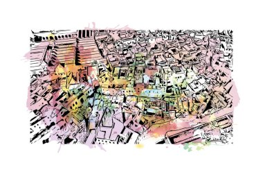 Fes 'in simgesi olan Print Building View Fas' ta bulunmaktadır. Vektör içinde el çizimi çizimi eşkali ile suluboya sıçraması.