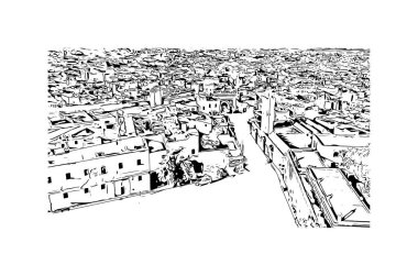 Fes 'in simgesi olan Print Building View Fas' ta bulunmaktadır. Vektörde elle çizilmiş çizim çizimi.