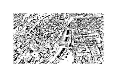 Fes 'in simgesi olan Print Building View Fas' ta bulunmaktadır. Vektörde elle çizilmiş çizim çizimi.