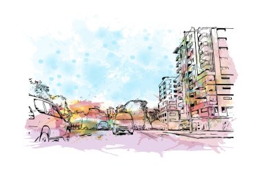 Darwin 'in dönüm noktası olan Print Building view Avustralya' da bir şehirdir. Vektör içinde el çizimi çizimi eşkali ile suluboya sıçraması.