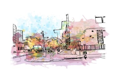 Darwin 'in dönüm noktası olan Print Building view Avustralya' da bir şehirdir. Vektör içinde el çizimi çizimi eşkali ile suluboya sıçraması.