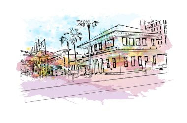 Darwin 'in dönüm noktası olan Print Building view Avustralya' da bir şehirdir. Vektör içinde el çizimi çizimi eşkali ile suluboya sıçraması.