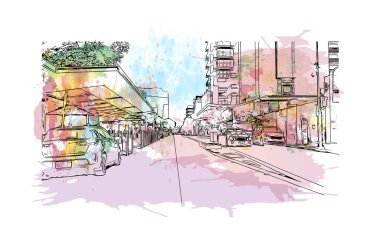 Darwin 'in dönüm noktası olan Print Building view Avustralya' da bir şehirdir. Vektör içinde el çizimi çizimi eşkali ile suluboya sıçraması.