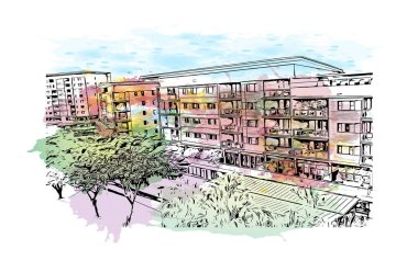 Darwin 'in dönüm noktası olan Print Building view Avustralya' da bir şehirdir. Vektör içinde el çizimi çizimi eşkali ile suluboya sıçraması.
