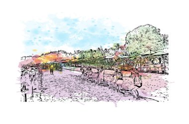 Darwin 'in dönüm noktası olan Print Building view Avustralya' da bir şehirdir. Vektör içinde el çizimi çizimi eşkali ile suluboya sıçraması.