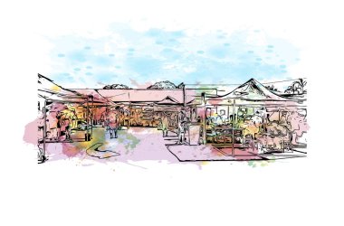 Darwin 'in dönüm noktası olan Print Building view Avustralya' da bir şehirdir. Vektörde elle çizilmiş resim ile suluboya sıçraması.