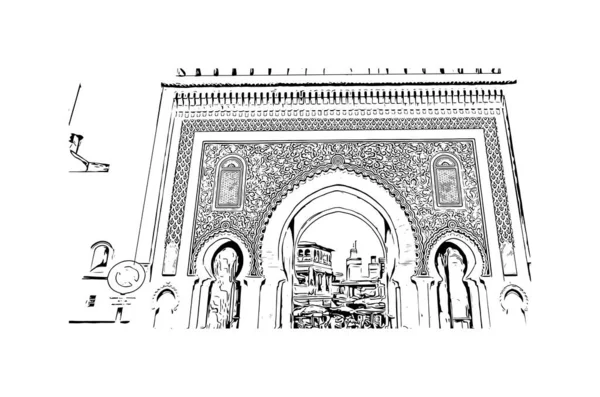 印刷フェスのランドマークとビルの景色はモロッコの街です 手描きのスケッチ図ベクトル — ストックベクタ
