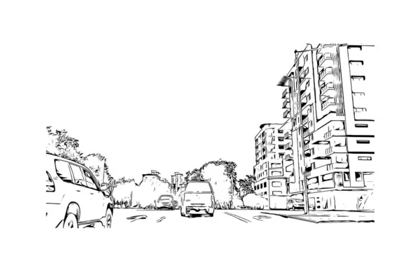 带有达尔文地标的印刷建筑景观是澳大利亚的一个城市 矢量手绘草图 — 图库矢量图片
