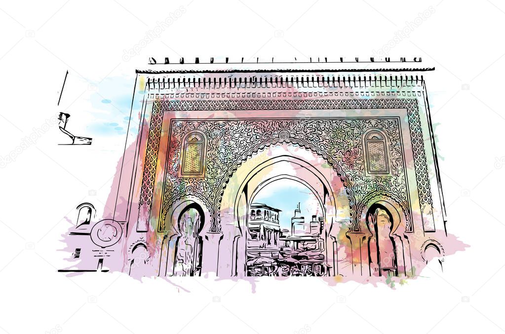 Print Building view with landmark of Fes is the city in Morocco. watercolour splash with hand drawn sketch illustration in vector.