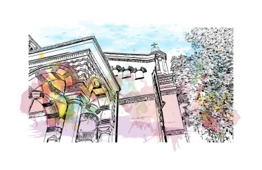 Bükreş 'in tarihi yapısına sahip Print Building Romanya' nın başkentidir. Vektörde elle çizilmiş resim ile suluboya sıçraması.