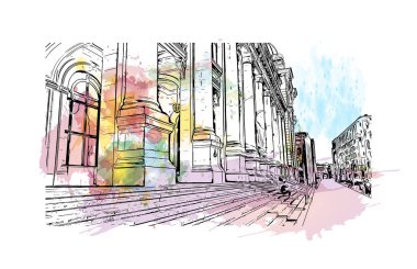 Bükreş 'in tarihi yapısına sahip Print Building Romanya' nın başkentidir. Vektörde elle çizilmiş resim ile suluboya sıçraması.