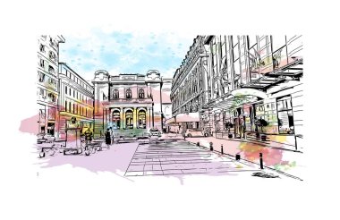 Bükreş 'in tarihi yapısına sahip Print Building Romanya' nın başkentidir. Vektörde elle çizilmiş resim ile suluboya sıçraması.