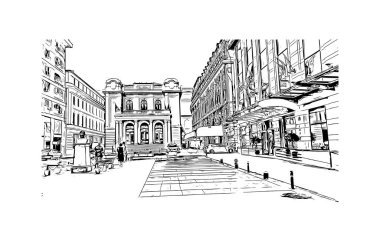 Bükreş 'in tarihi yapısına sahip Print Building Romanya' nın başkentidir. Vektörde elle çizilmiş çizim çizimi.