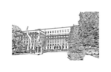 Bükreş 'in tarihi yapısına sahip Print Building Romanya' nın başkentidir. Vektörde elle çizilmiş çizim çizimi.