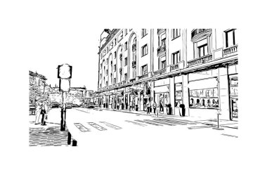 Bükreş 'in tarihi yapısına sahip Print Building Romanya' nın başkentidir. Vektörde elle çizilmiş çizim çizimi.