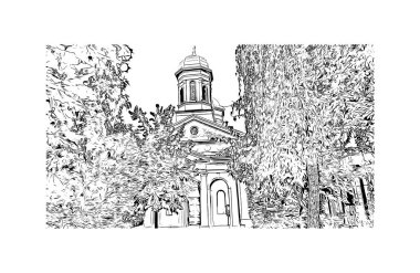 Bükreş 'in tarihi yapısına sahip Print Building Romanya' nın başkentidir. Vektörde elle çizilmiş çizim çizimi.