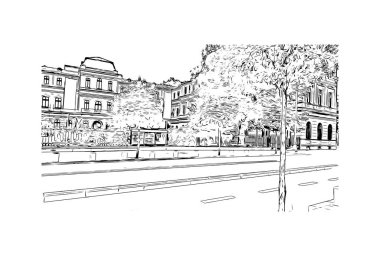 Bükreş 'in tarihi yapısına sahip Print Building Romanya' nın başkentidir. Vektörde elle çizilmiş çizim çizimi.