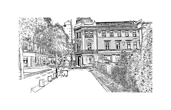 布加勒斯特的标志性建筑是罗马尼亚的首都 矢量手绘草图 — 图库矢量图片