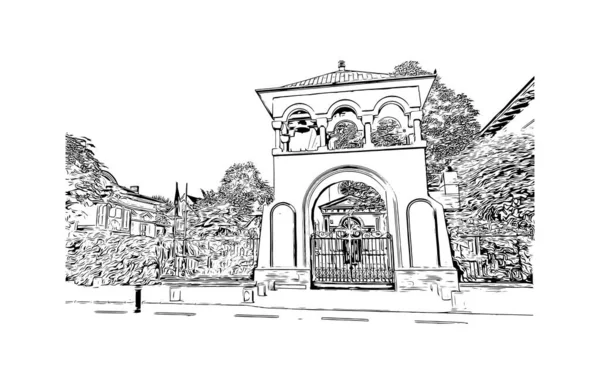 Print Building Vista Com Marco Bucareste Capital Roménia Desenho Desenhado — Vetor de Stock