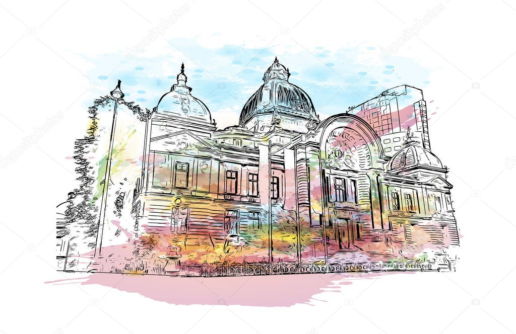 Print Building view with landmark of Bucharest is the capital of Romania. Watercolor splash with hand drawn sketch illustration in vector.