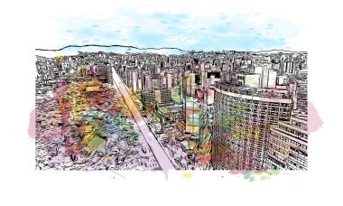 Belo Horizonte, Brezilya 'nın güneydoğusunda yer alan bir şehirdir. Vektörde elle çizilmiş resim ile suluboya sıçraması.