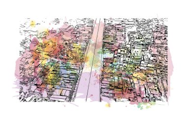  Bengkulu, Endonezya 'da yer alan bir şehirdir. Vektörde elle çizilmiş resim ile suluboya sıçraması. 