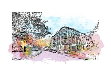 Norveç 'in başkenti Bergen' in simgesi olan Print Building View 'dir. Vektörde elle çizilmiş resim ile suluboya sıçraması.