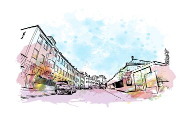 Norveç 'in başkenti Bergen' in simgesi olan Print Building View 'dir. Vektörde elle çizilmiş resim ile suluboya sıçraması.