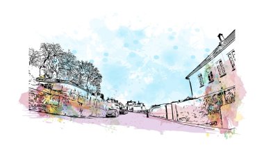 Norveç 'in başkenti Bergen' in simgesi olan Print Building View 'dir. Vektörde elle çizilmiş resim ile suluboya sıçraması.